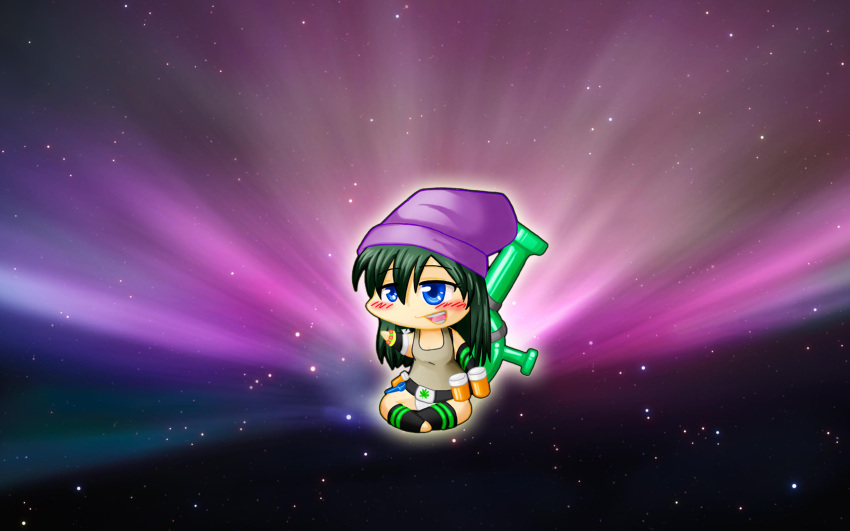blue_eyes, blush, bong, green_hair, hat, kneehighs, space, stars, weed