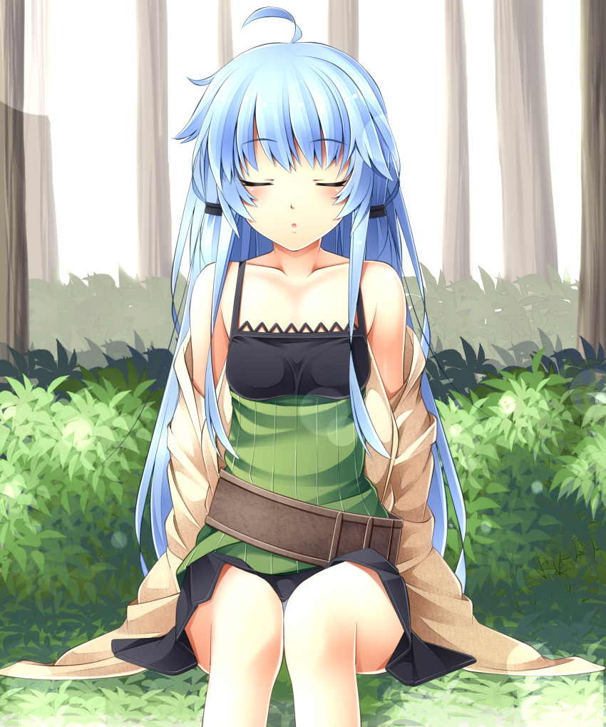 absurdres, ahoge, blue_hair, blush, closed_eyes, collarbone, duel_monster, eria