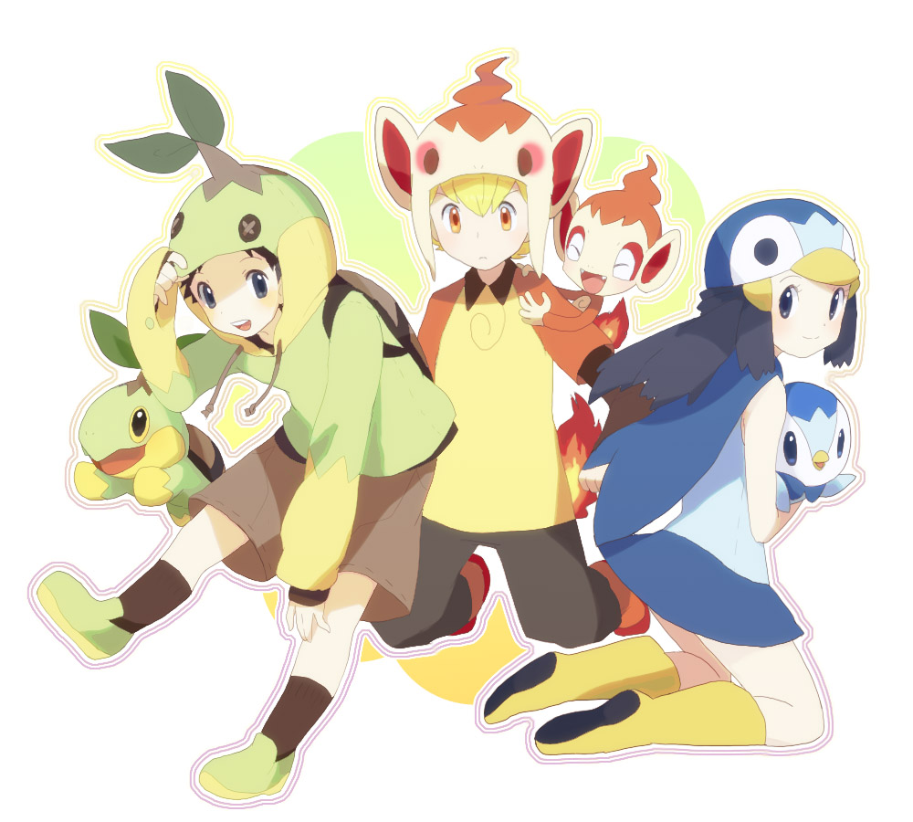 1girl, 2boys, black_hair, blonde_hair, blue_eyes, blue_hair, chimchar, chimchar_(cosplay)