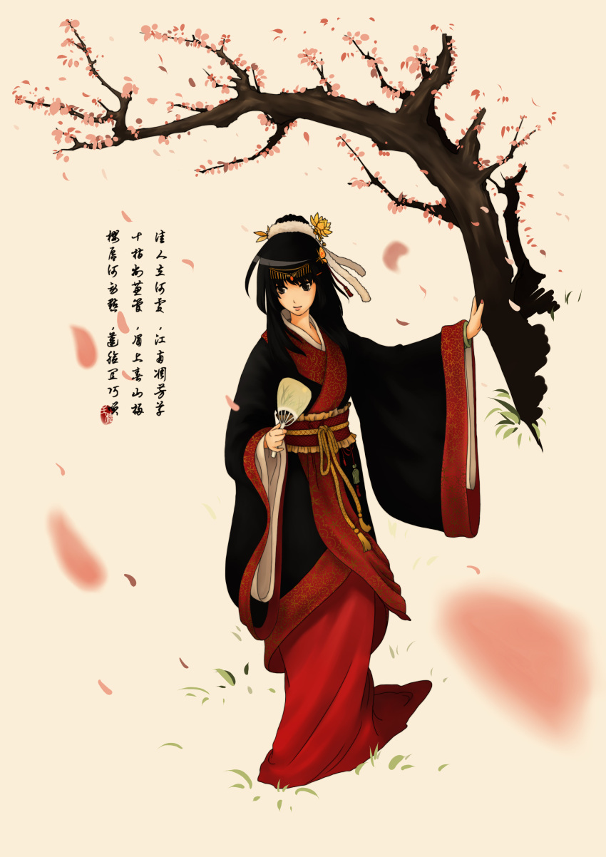 absurdres, black_hair, butterfly_hair_ornament, cherry_blossoms, fan, flower, grey_eyes, hair_flower, hair_ornament, highres, japanese_clothes, kimono, lips, long_hair, night247, obi, original, petals, text, tree