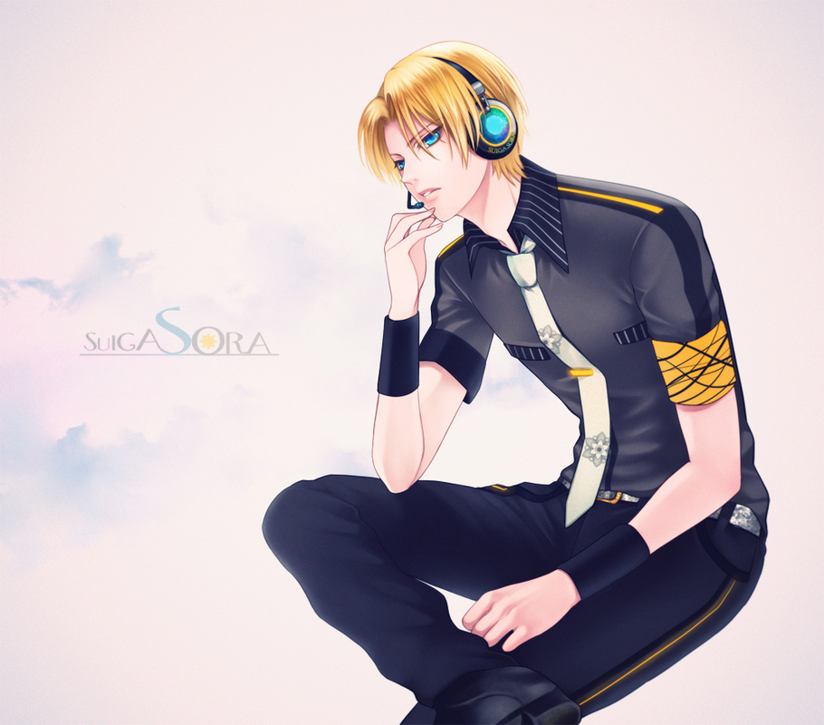aqua_eyes, bad_id, blonde_hair, headphones, headset, male, necktie, solo