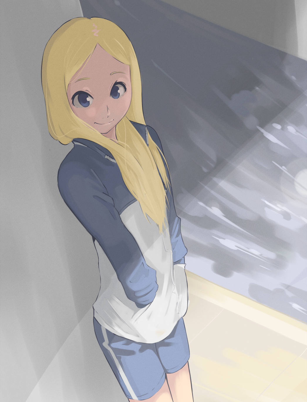 arakawa_under_the_bridge, blonde_hair, blue_eyes, bridge, gym_shorts, gym_uniform, highres, nino