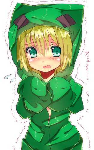 aqua_eyes, blush, creeparka, creeper, green_hair, hood, hoodie, kuro_guren