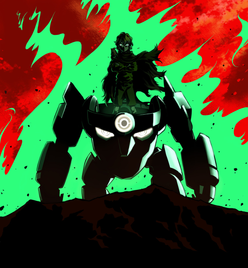 armadillo, blonde_hair, blue_hair, cape, crossed_arms, drawfag, getter_robo, glowing, glowing_eyes, green_eyes, guame, highres, lagann, lordgenome, male, mecha, multicolored_hair, parody, spiral_power, tengen_toppa_gurren_lagann, tengen_toppa_gurren_lagann:_parallel_works, young