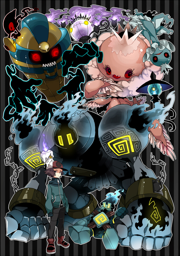1boy, baseball_cap, brown_hair, chain, chains, chandelure, cofagrigus, cuffs