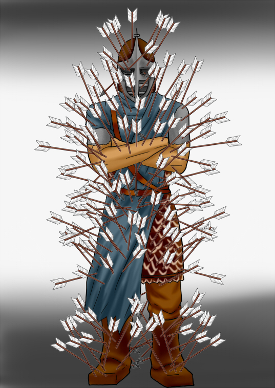 1boy, armor, arrow, arrow_to_the_knee, boots, crossed_arms, guards, helm