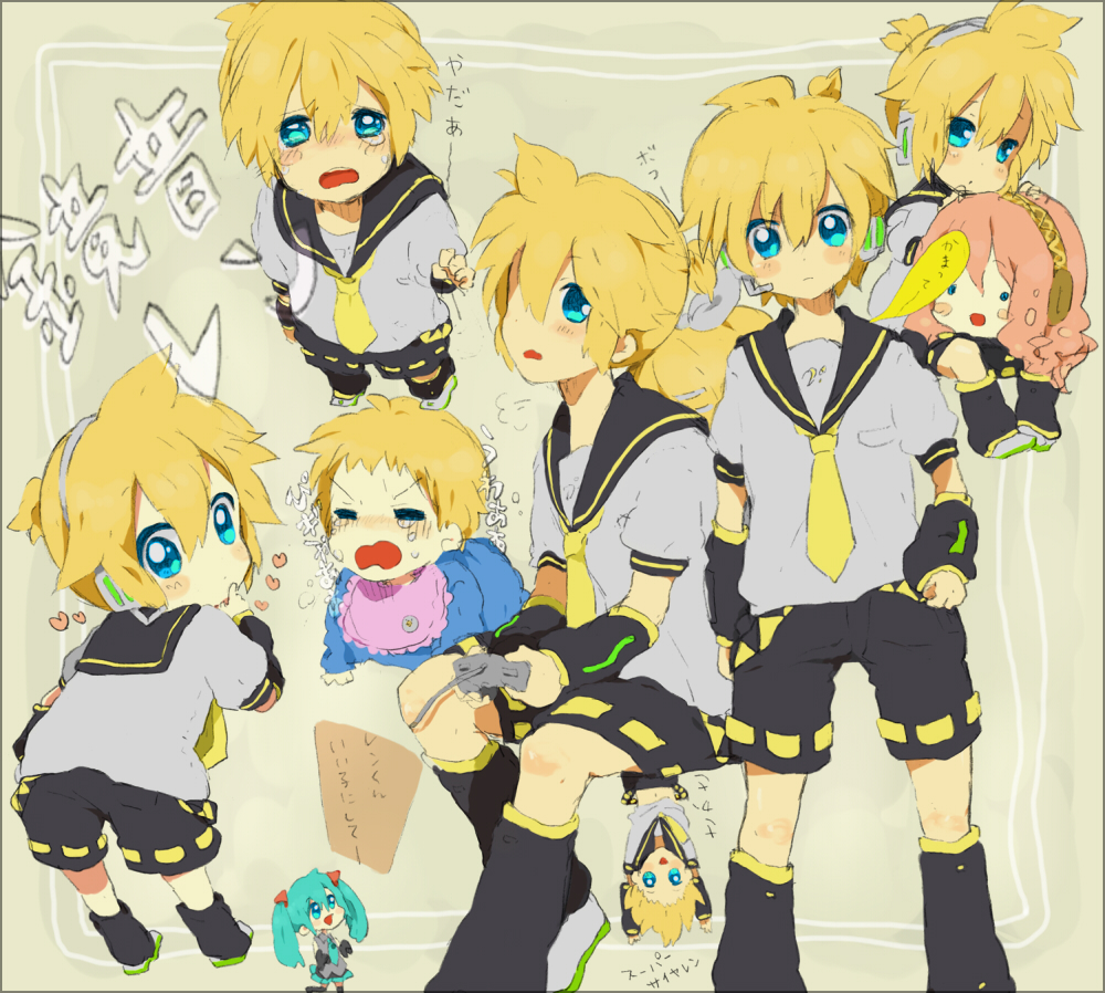 baby, bad_id, blonde_hair, blush, boys_playing_games, chibi, child, detached_sleeves, hatsune_miku, headphones, headset, heart, kagamine_len, kagamine_rin, male, megurine_luka, necktie, playing_games, shorts, sketch, takoluka, tears, tooi, vocaloid