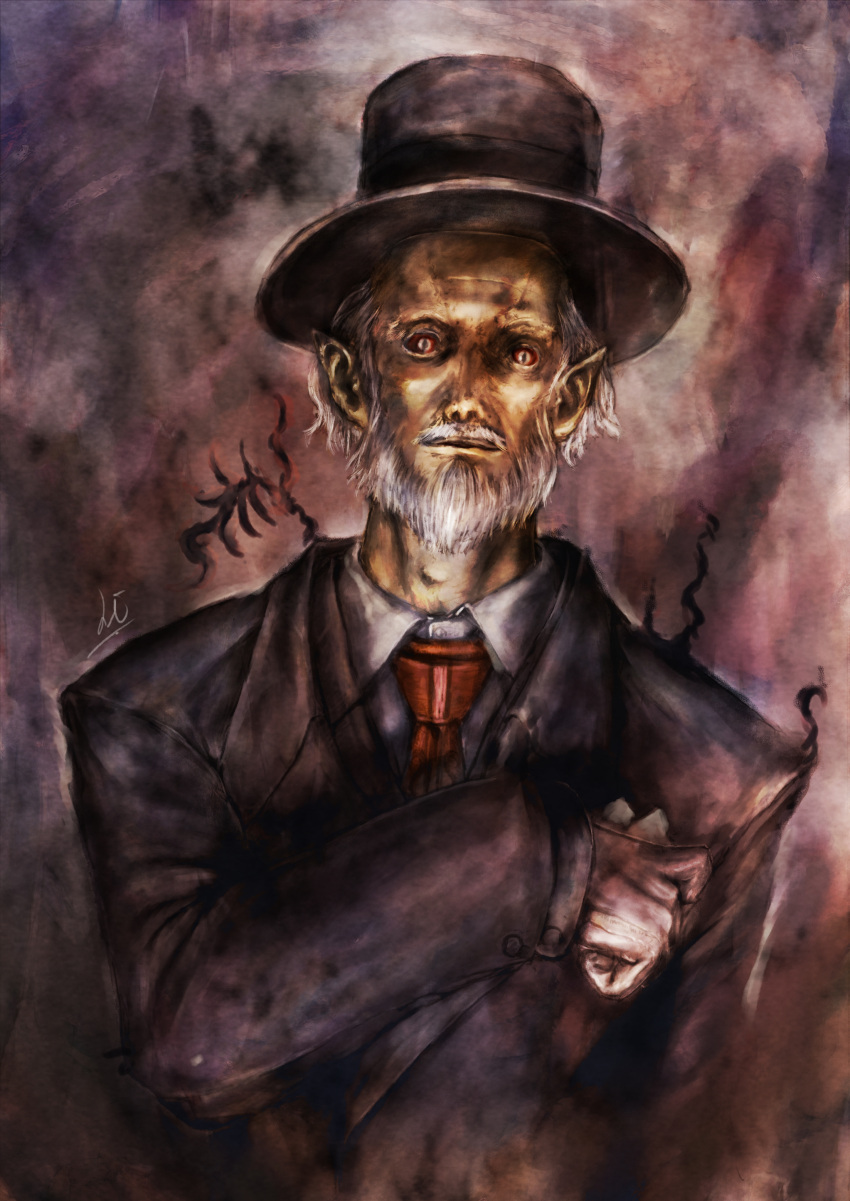 absurdres, beard, commentary, demon, facial_hair, formal, gloves, goatee