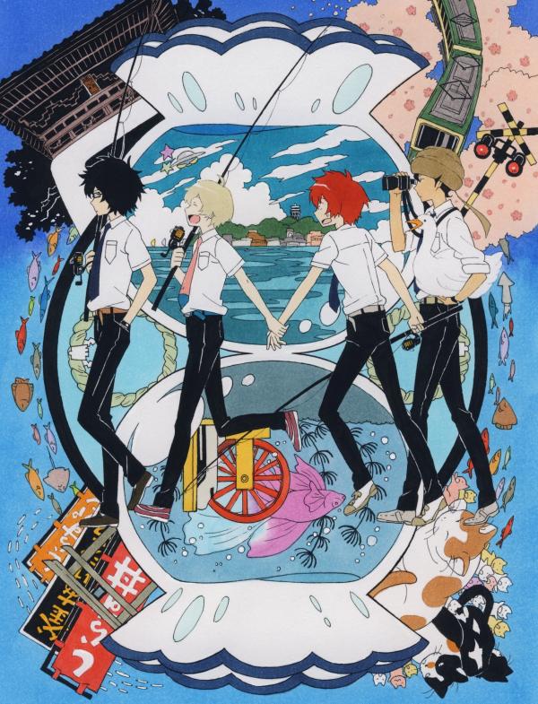 bird, black_hair, blonde_hair, coco_(tsuritama), fish, fishbowl, fishing_rod, glasses