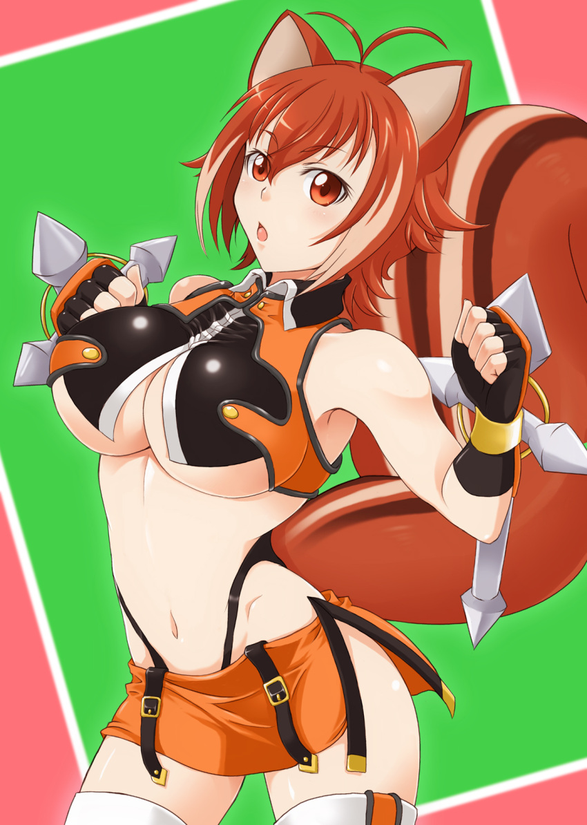 animal_ears, blazblue, breasts, brown_hair, dress, dual_wielding, gloves, green_background
