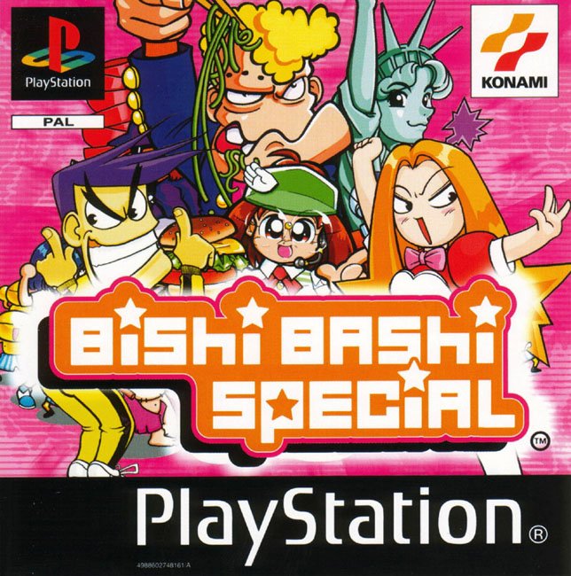 2boys, 3girls, bishi_bashi, bishi_bashi_special, bowl, chopsticks, hamburger, konami, noodles, playstation, statue_of_liberty
