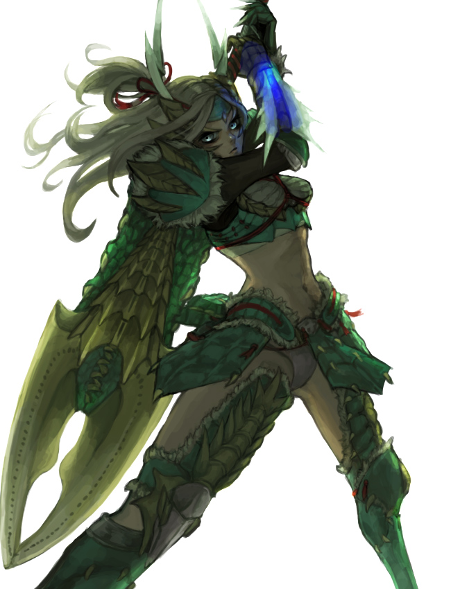 armor, grey_eyes, horns, jinouga_(armor), long_hair, midriff, monster_hunter, monster_hunter_portable_3rd