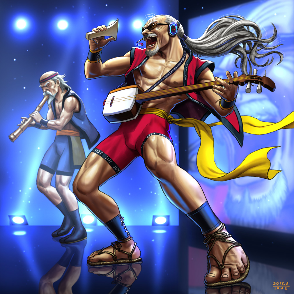 bachi, beard, copyright_request, facial_hair, flute, headband, headphones, instrument