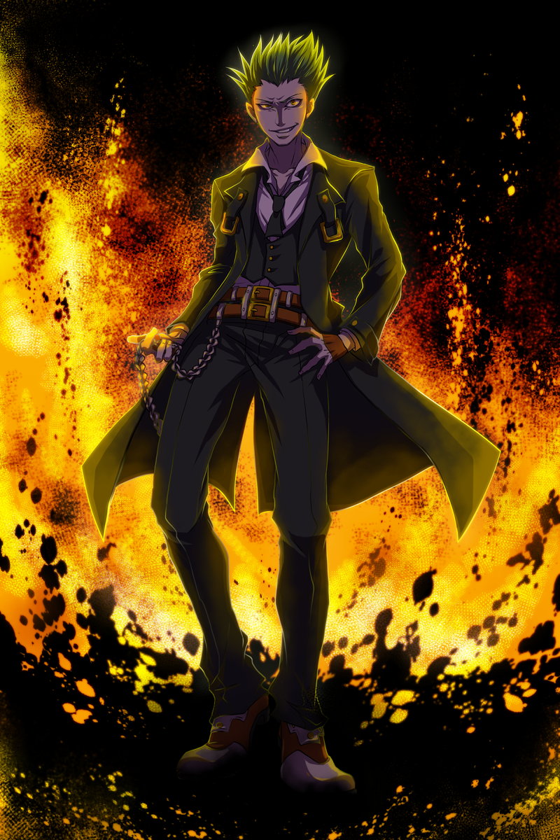 belt, blazblue, chain, chains, formal, gofuku90, green_hair, grin, hazama, highres, male, necktie, pants, smile, solo, spiked_hair, spiky_hair, suit, yellow_eyes, yuuki_terumi