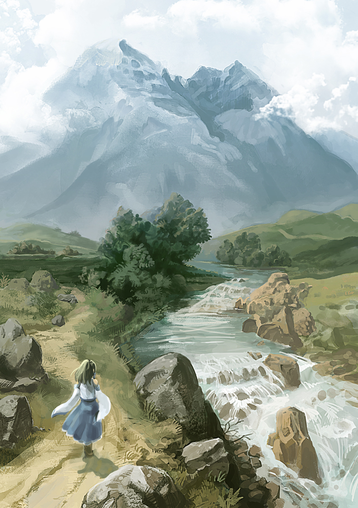 blue_sky, cloud, clouds, detached_sleeves, green_hair, kochiya_sanae, landscape, long_sleeves