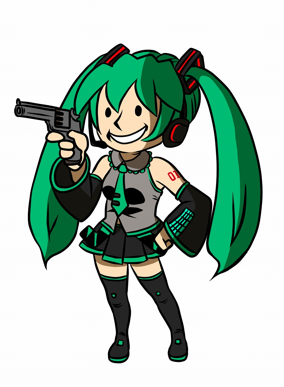 boots, detached_sleeves, fallout, green_hair, grin, gun, gyamo, hand_on_hip