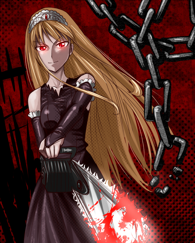 blood, chain, chains, chainsaw, chicks_with_chainsaws, fingerless_gloves, gloves, gothic_lolita