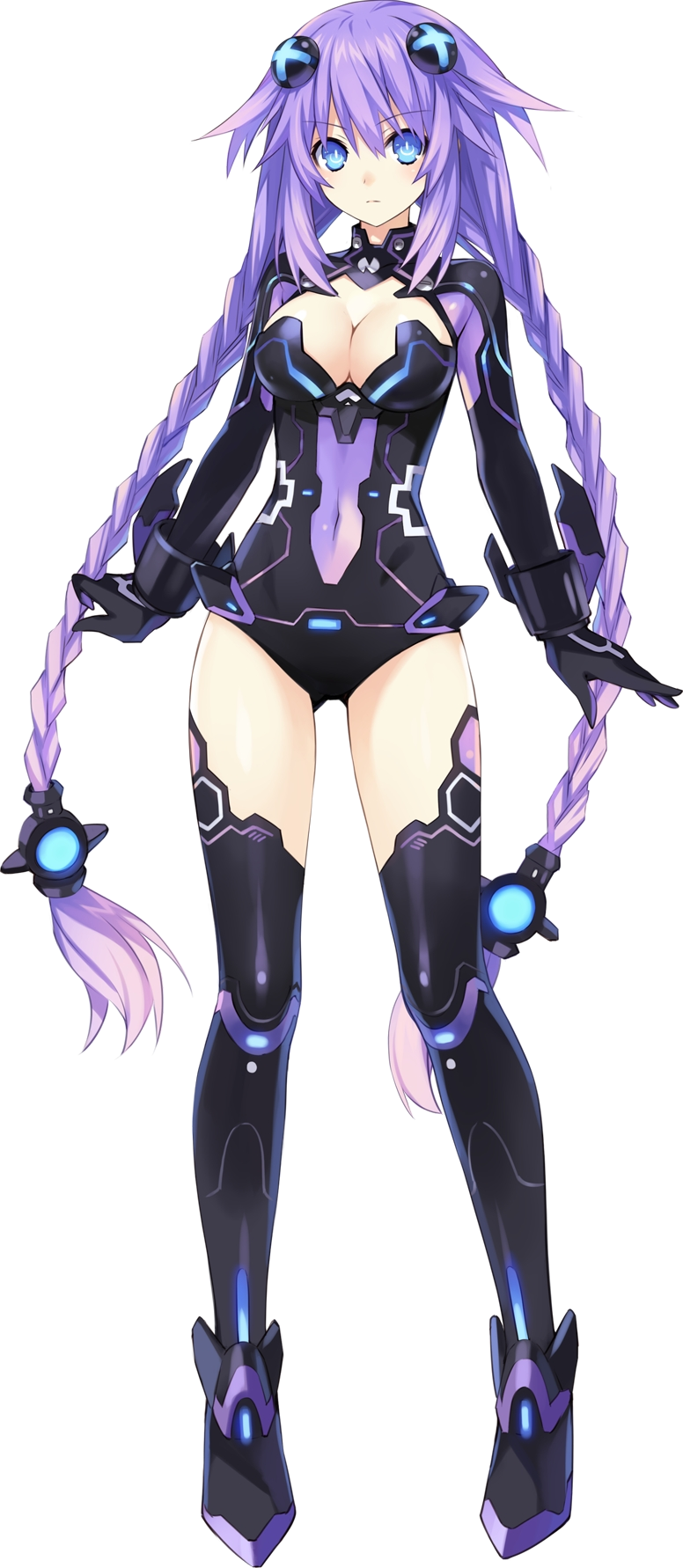 blue_eyes, bodysuit, braid, breasts, choujigen_game_neptune, cleavage, cleavage_cutout, clothed_navel