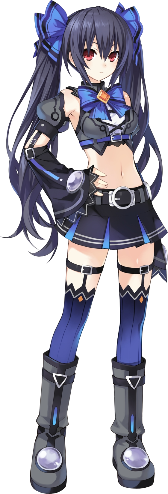 belt, black_hair, boots, bow, choujigen_game_neptune, crop_top, detached_sleeves, garter_straps