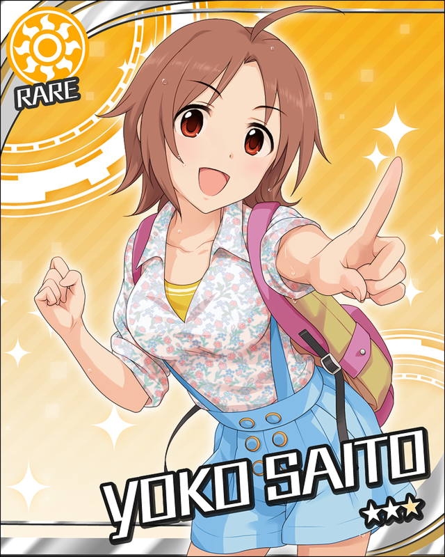 :d, ahoge, bag, brown_hair, idolmaster, idolmaster_cinderella_girls, index_finger_raised, jpeg_artifacts