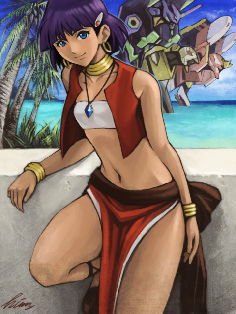 bare_shoulders, blue_eyes, bob_cut, bracelet, company_connection, cross-laced_sandals, crossover, earrings