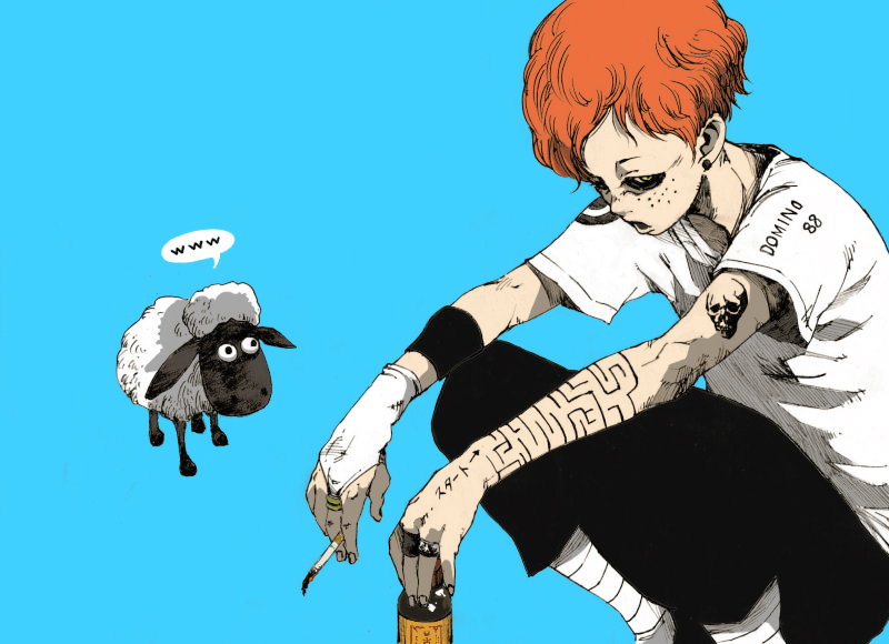 bottle, cigarette, earrings, freckles, jewelry, makkamu, maze, original, red_hair, redhead, shaun_the_sheep, sheep, simple_background, skull, smoking, surreal, tattoo, wallace_and_gromit