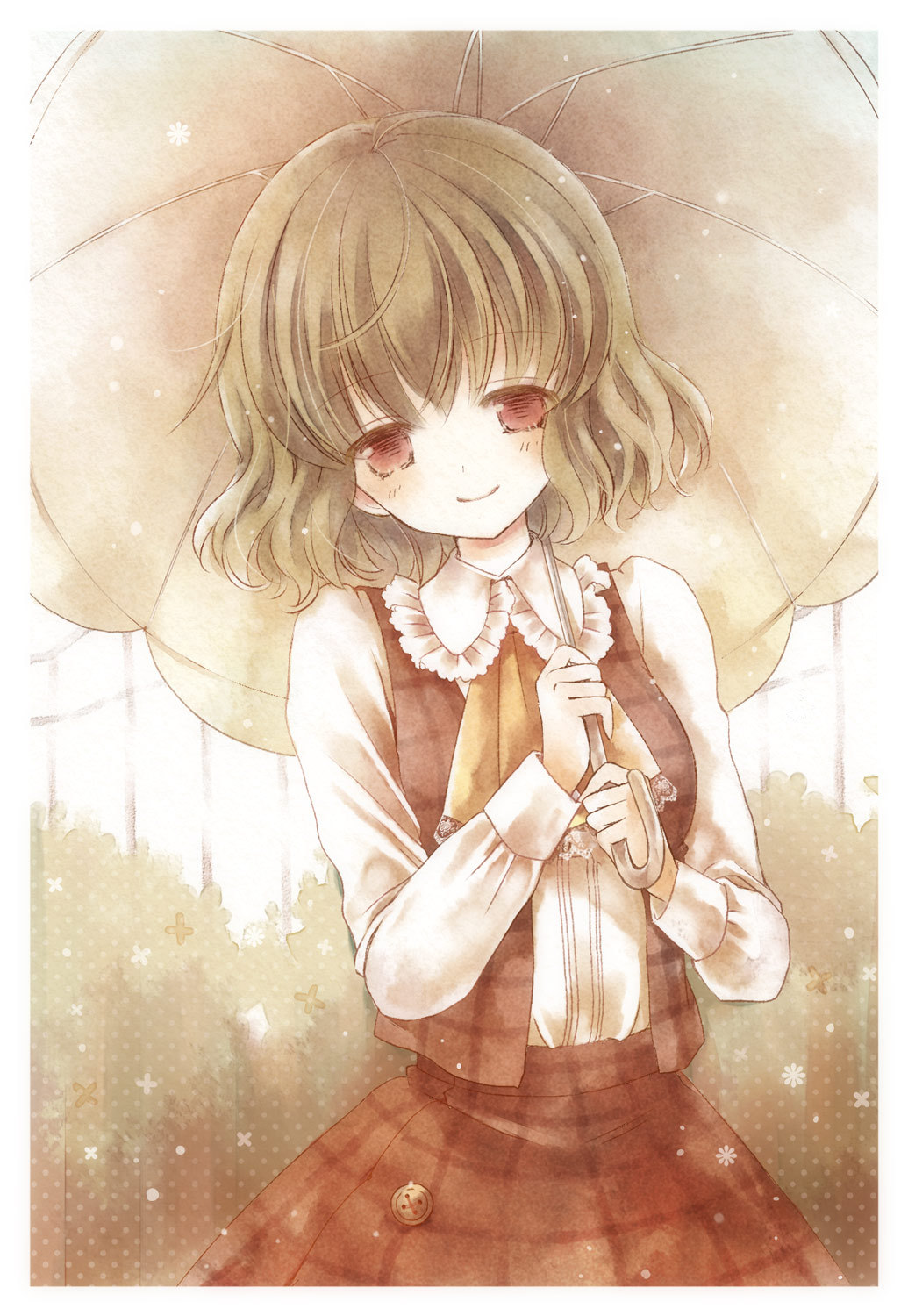 green_hair, highres, holding, kazami_yuuka, red_eyes, skirt, skirt_set, smile