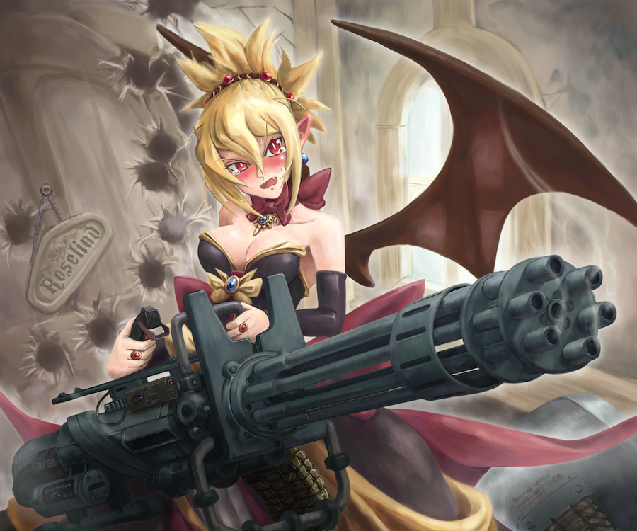 blonde_hair, blush, bow, breasts, bullet_hole, bullet_holes, cleavage, demon_girl