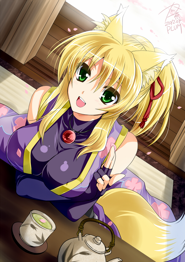 :d, animal_ears, blonde_hair, breast_hold, breasts, cherry_blossoms, dated, dog_days