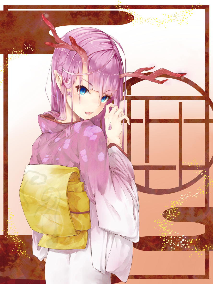 aiya, antlers, blue_eyes, blush, dragon_girl, egasumi, from_behind, japanese_clothes