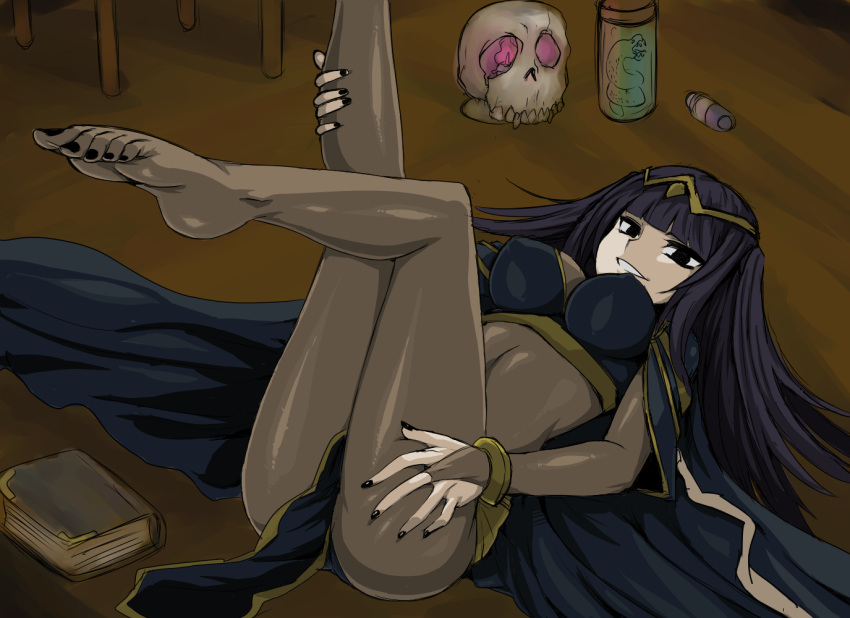 black_eyes, black_hair, bodysuit, bracelet, breasts, cuffs, feet, fire_emblem, fire_emblem:_kakusei, getter, grin, hair_ornament, jewelry, legs, legs_up, long_hair, lying, on_back, sarja, see-through, skull, smile, snake, solo