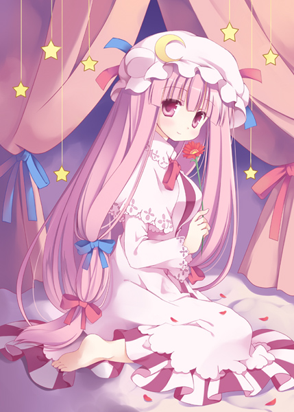 barefoot, crescent, curtains, dress, flower, hat, holding, holding_flower