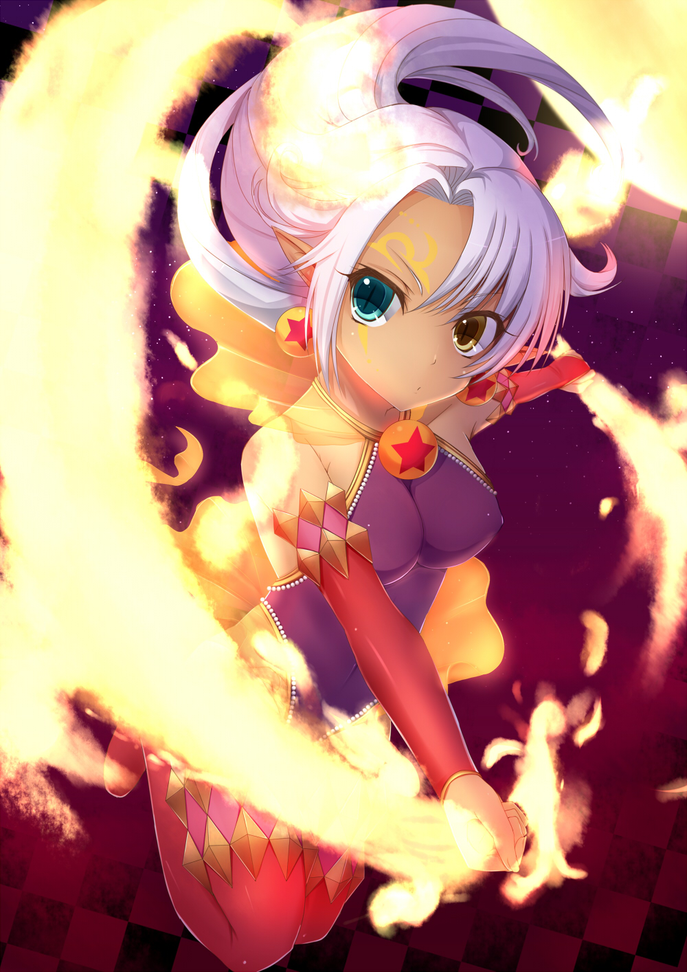 aqua_eyes, breasts, cardfight!!_vanguard, crimson_beast_tamer, earrings, fire, heterochromia, highres, if_(asita), jewelry, leotard, pale_moon, slit_pupils, solo, tattoo, yellow_eyes