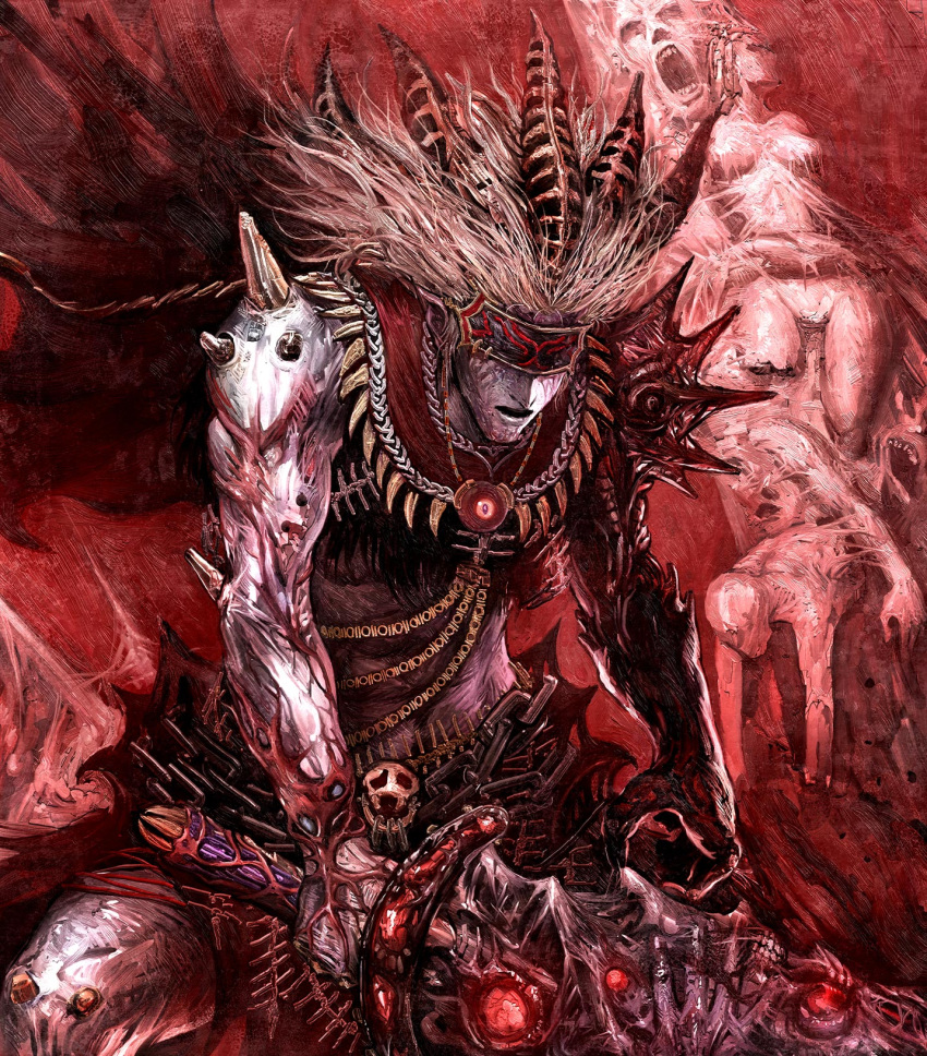 feathers, hades, highres, horns, lord_of_vermilion, lord_of_vermillion, mythology, raypass, skull, spines, sword, teeth, veins, weapon