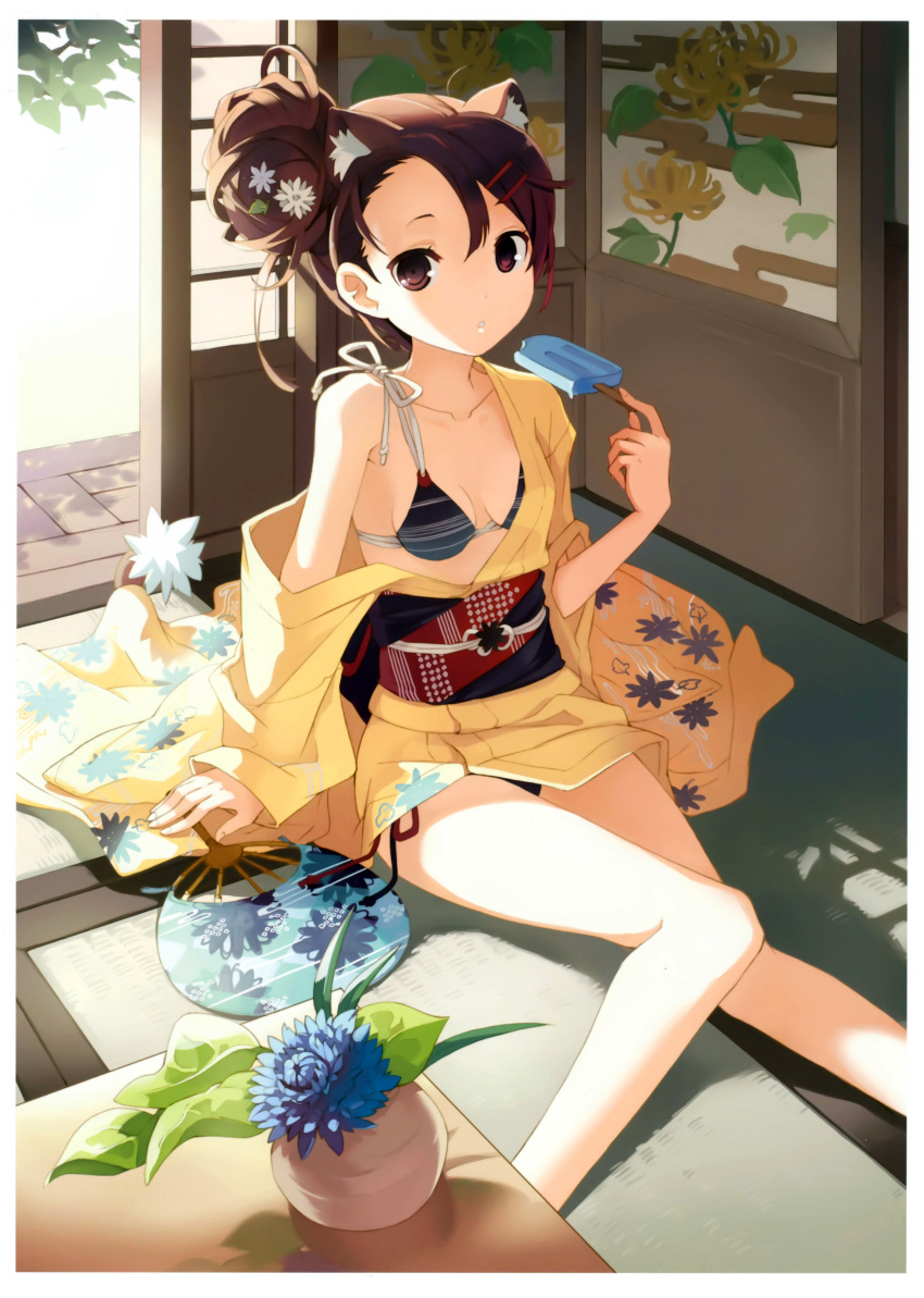 absurdres, animal_ears, arm_support, bikini, breasts, brown_eyes, brown_hair, cleavage