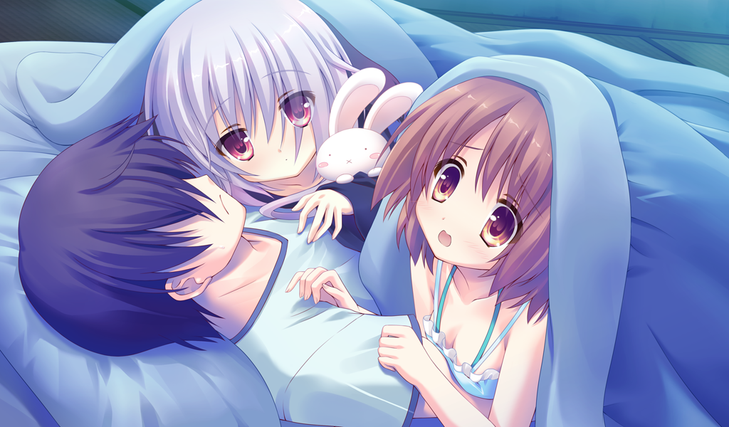 2girls, bed_sheet, brown_eyes, brown_hair, down_blouse, game_cg, girl_on_top, multiple_girls