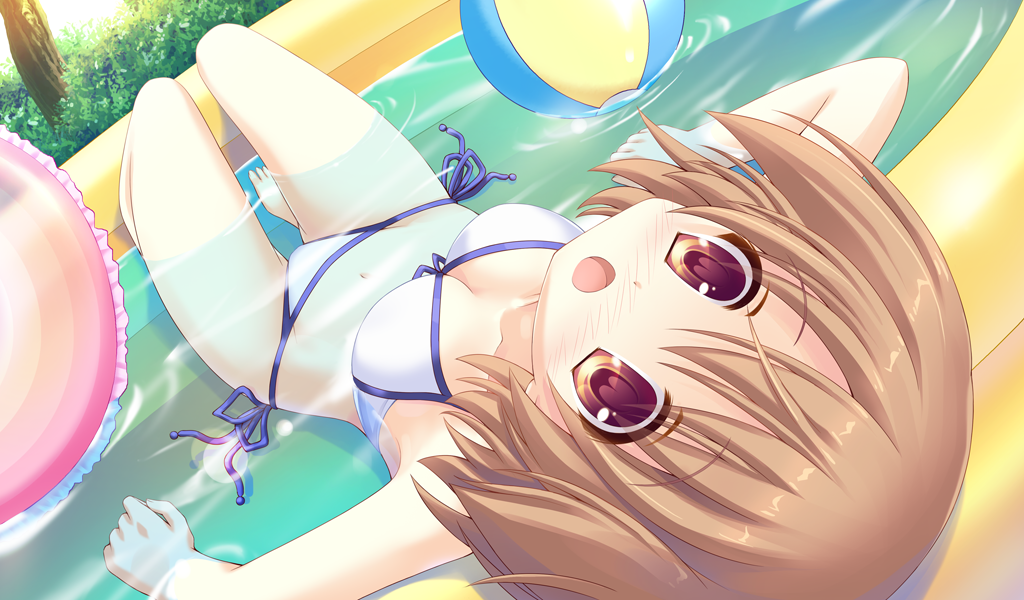 :o, ball, barefoot, beachball, bikini, blush, breasts, brown_eyes