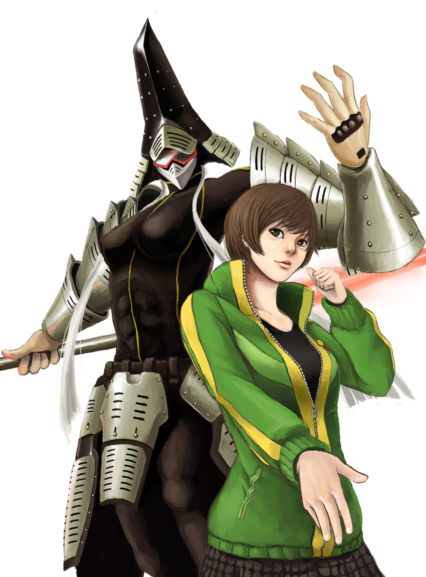 2girls, armor, breasts, brown_eyes, brown_hair, dual_persona, goggles, looking_at_viewer