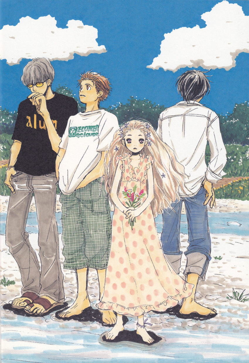 3boys, absurdres, anklet, back, barefoot, beach, chika_umino, cloud