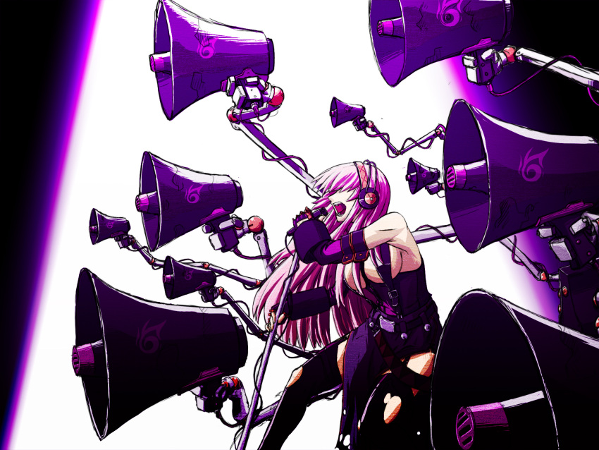 breasts, c-mild_(kenki), headphones, highres, koi_wa_sensou_(vocaloid), long_hair, megaphone, megurine_luka, microphone, microphone_stand, pink_hair, sideboob, solo, thighhighs, torn_clothes, vocaloid