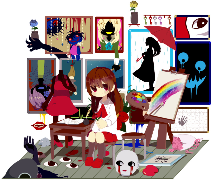 brown_hair, eve_(ib), flower, garry_(ib), ib, ib_(ib), mary_(ib), palette_knife