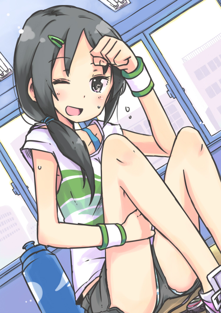;d, black_eyes, black_hair, bottle, hair_ornament, hairclip, idolmaster, idolmaster_cinderella_girls, long_hair, open_mouth, panties, pantyshot, pantyshot_(sitting), ponytail, rookie_trainer, shorts, sitting, smile, solo, striped, striped_panties, t-shirt, trainer_(idolmaster), ueshita, underwear, water_bottle, wink, wristband