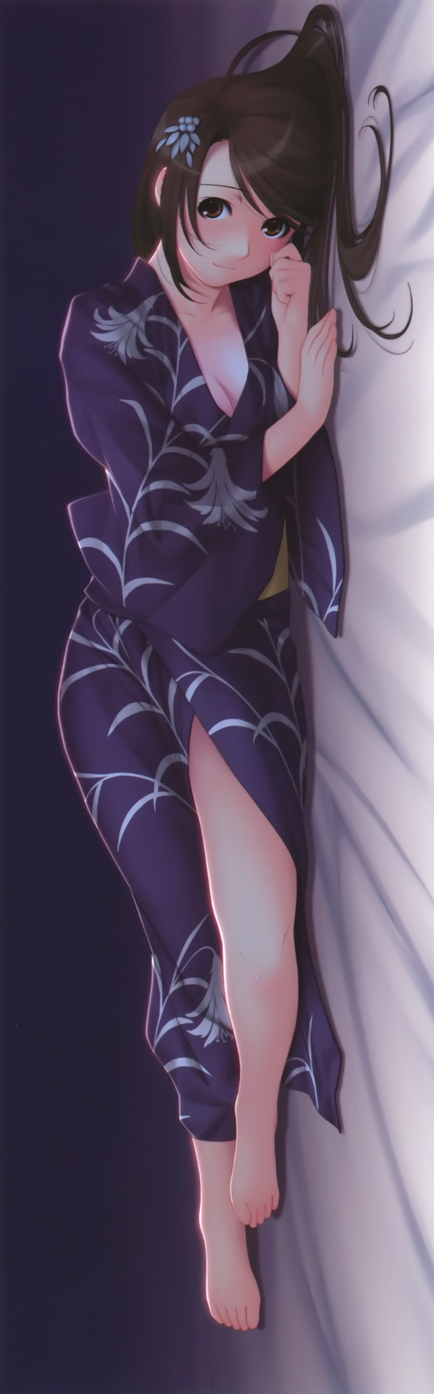 absurdres, barefoot, breasts, brown_eyes, brown_hair, cleavage, copyright_request, feet