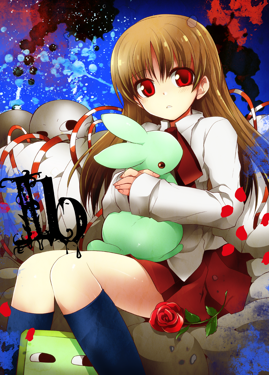 black_legwear, brown_hair, bunny, eve_(ib), flower, highres, ib, ib_(ib)