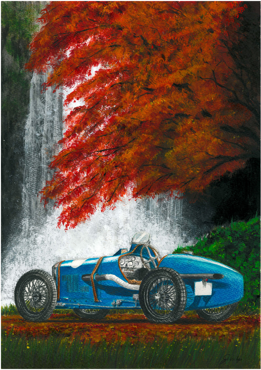bugatti_type_54, car, highres, jakee-sgn, motor_vehicle, nature, no_humans, scenery, vehicle, water, waterfall