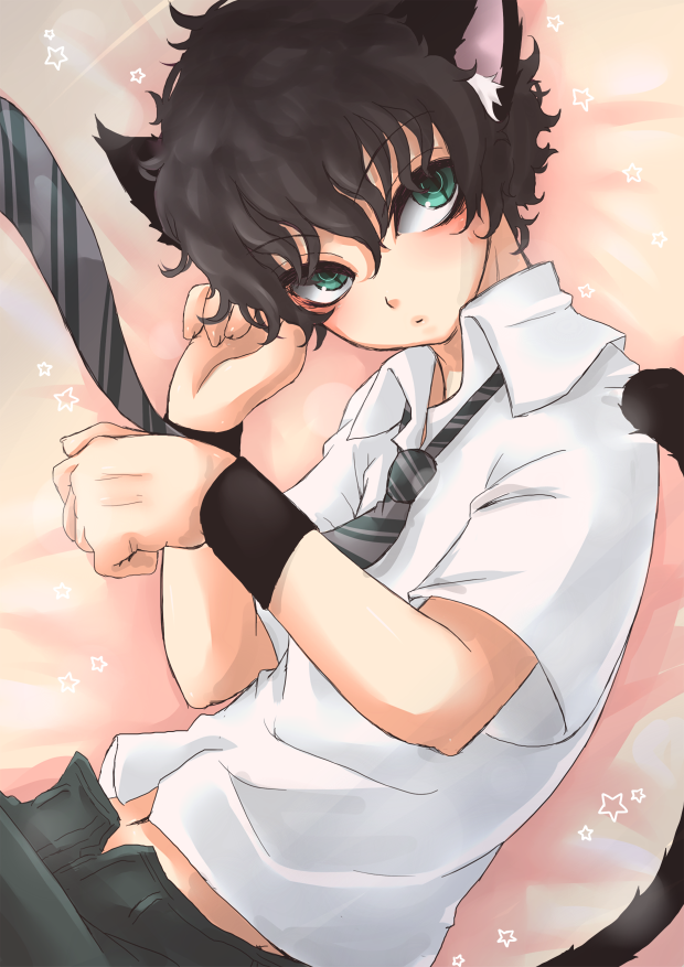 animal_ears, cat_ears, cat_tail, catboy, emu_(trigger), green_eyes, kirihara_akaya, male, navel, necktie, paw_pose, short_hair, solo, tail, tennis_no_ouji-sama
