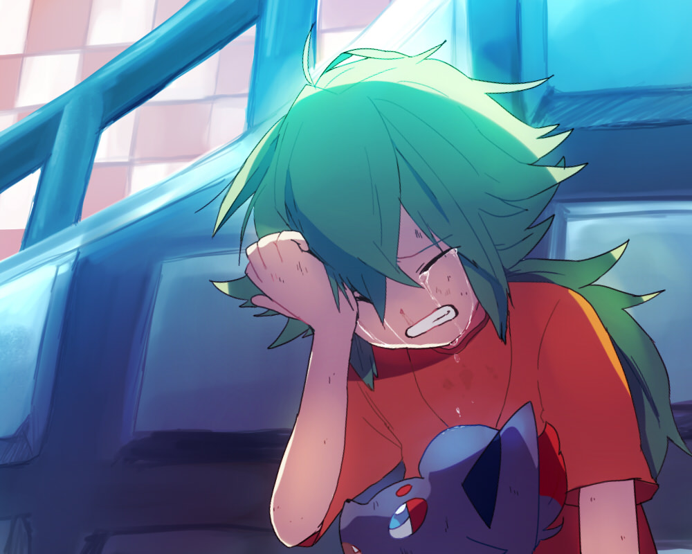 1boy, closed_eyes, crying, green_hair, highres, long_hair, male, n_(pokemon), pokemon, pokemon_(creature), pokemon_(game), pokemon_bw, solo, tears, yamo_(ly), zorua