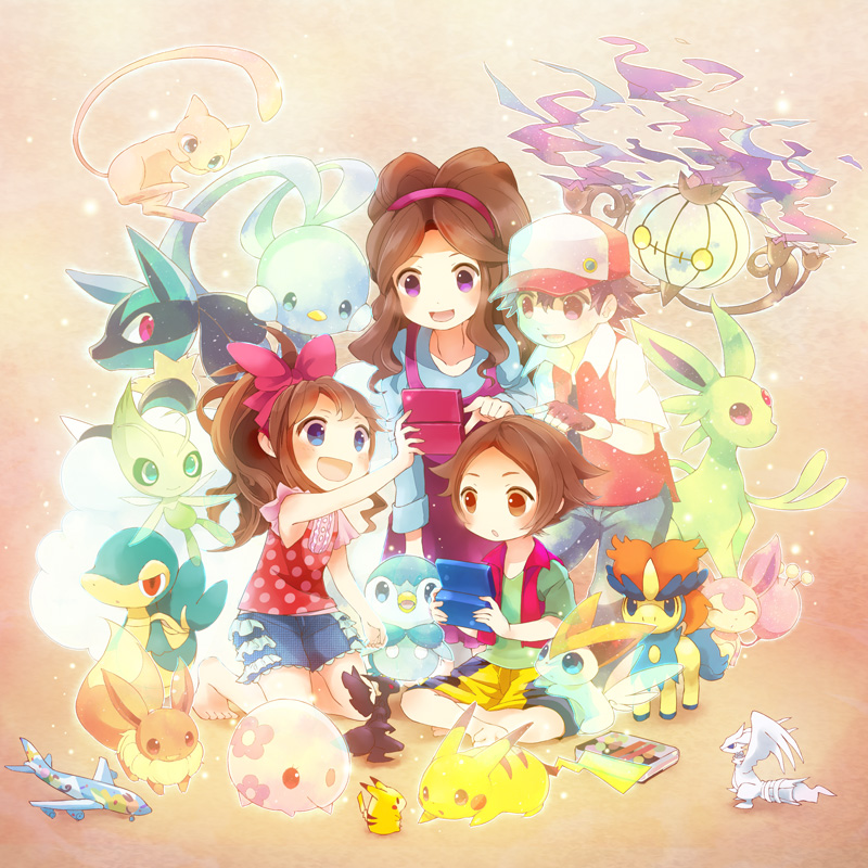 2boys, 2girls, airplane, altaria, alternate_color, baseball_cap, blue_eyes, brown_hair