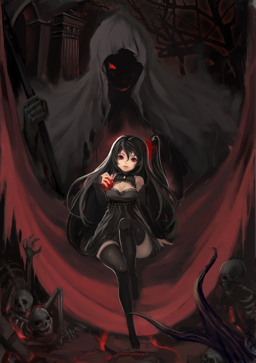 bare_shoulders, black_hair, black_legwear, branch, breasts, cleavage, column, death_(entity)