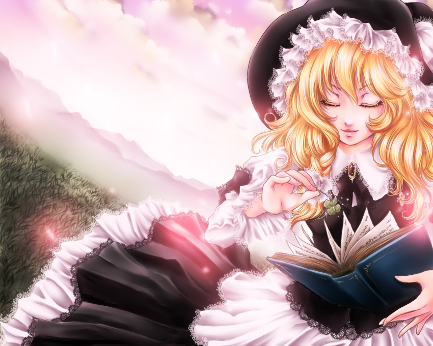 blonde_hair, book, brooch, closed_eyes, clover, eyes_closed, frilled_hat, frills, hat, hizo_(repapp), jewelry, kirisame_marisa, long_hair, nature, scenery, solo, touhou, witch, witch_hat